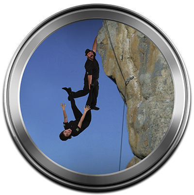 Two People hanging from a cliff photo